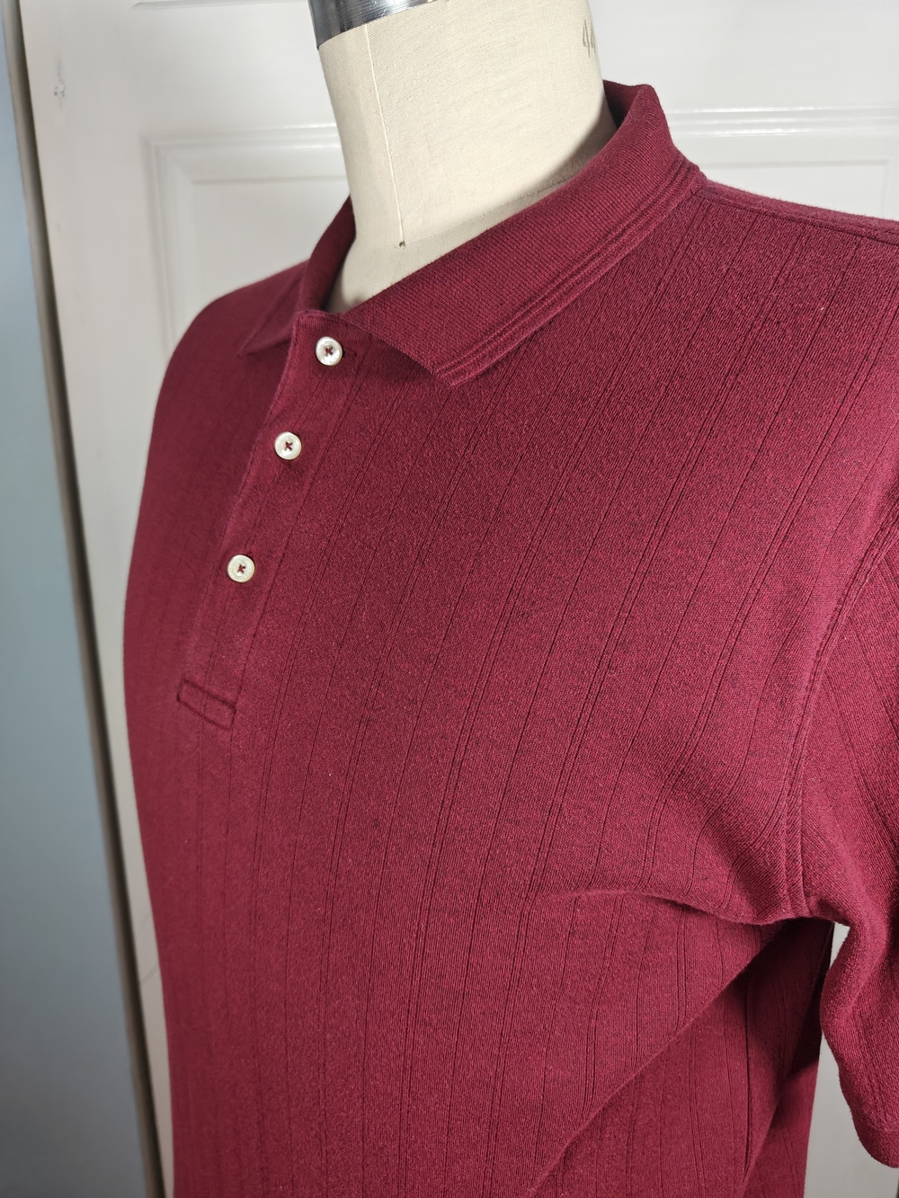 Vintage Architect Vertical Ribbed Knit Polo Mens Large Burgundy Red Mod Retro